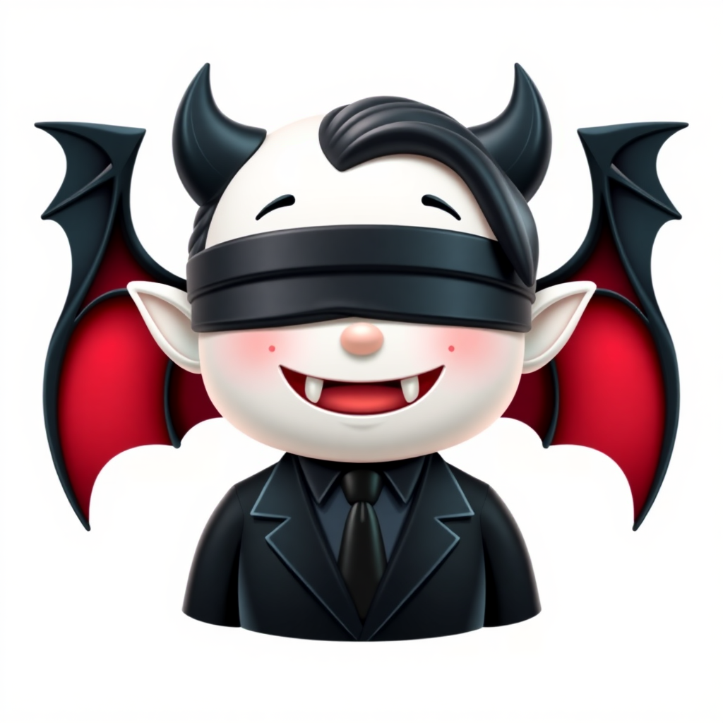 It's a male. It has white skin. It has black demon horns. It has black hair and long hair. It has a blindfold on eyes. It has sharp teeth. It is dressed in a black suit with a black tie. It is Devil.