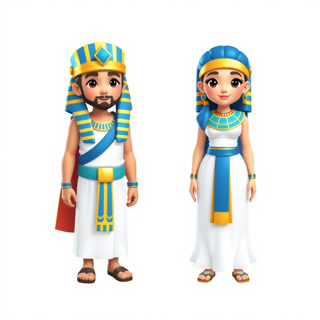 The image shows an illustration of two people dressed in ancient Egyptian attire. The person on the left is a man wearing a traditional Egyptian headdress (nemes) with blue and gold stripes, a white kilt with a similar blue and gold striped belt, and sandals. The person on the right is a woman wearing a long white dress with a blue and gold striped belt and a yellow and white collar, and she also has sandals. Both figures appear to be stylized representations of ancient Egyptian figures.